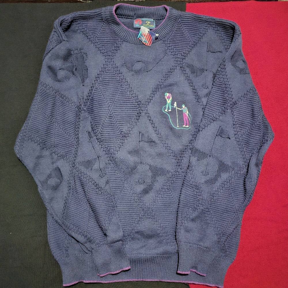 Vintage Men's Crewneck Golf Sweater - Navy with Pink Trim